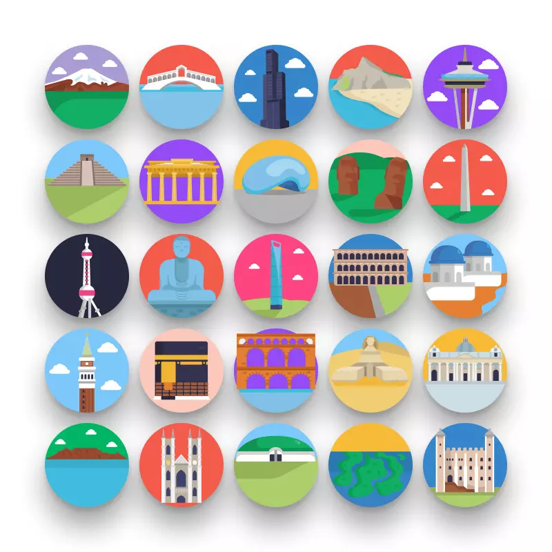 50 Landmarks Icons – set of colorful flat circle icons