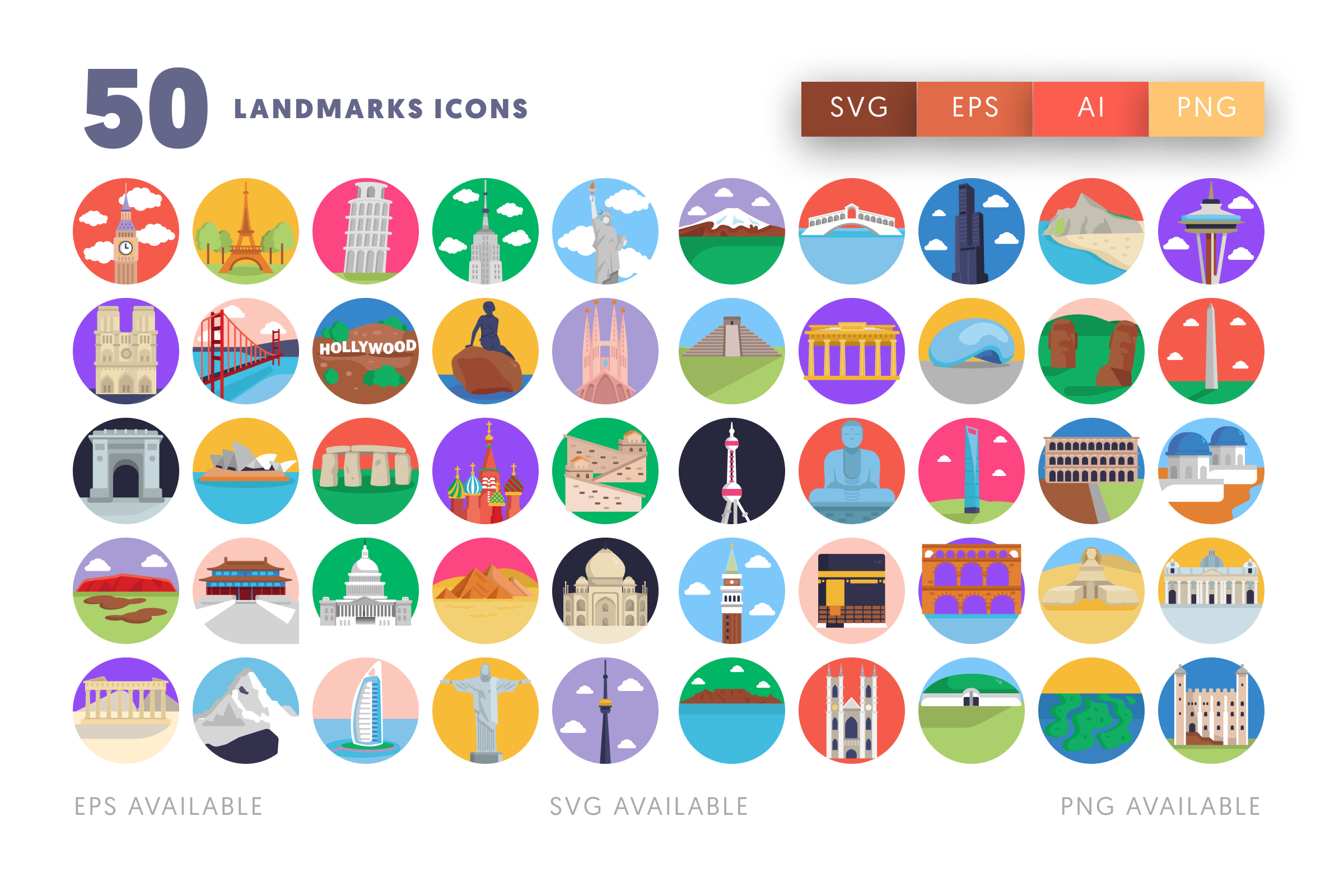 50 Landmarks Icons – flat circle icon set