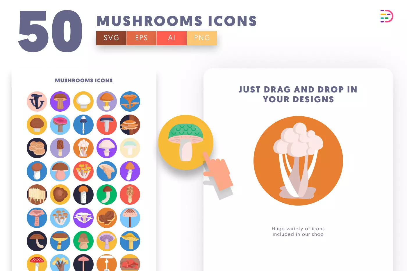 50 Mushrooms Icons preview 1 – illustrated icons in PNG, SVG and EPS