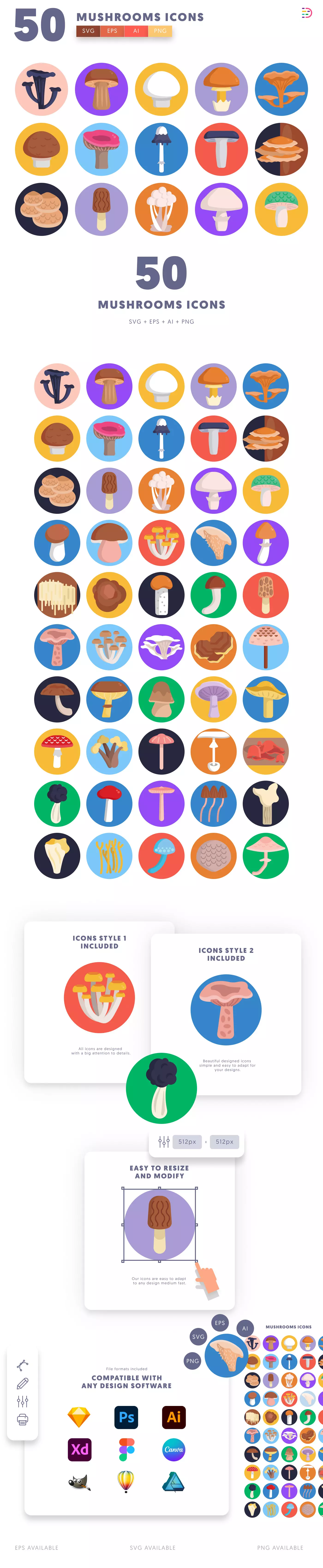 50 Mushrooms Icons cover – illustrated icons in PNG, SVG and EPS