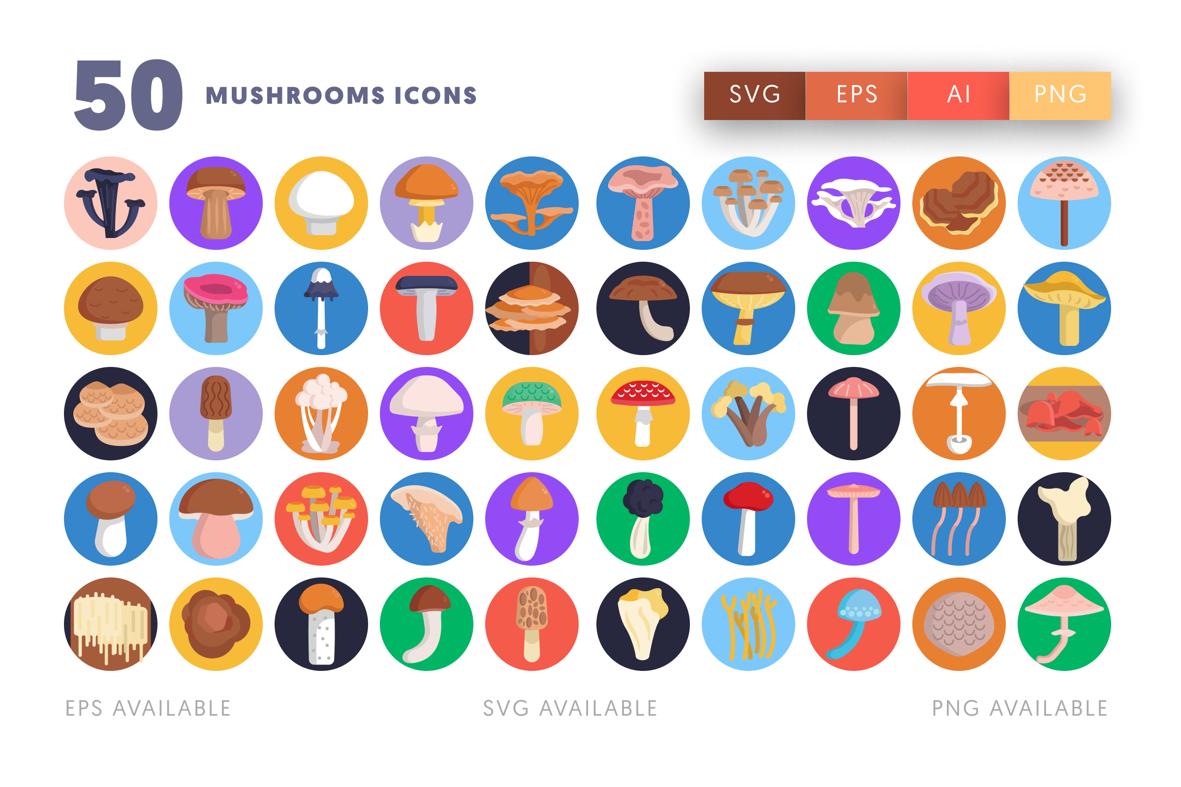 50 Mushrooms Icons – illustrated icon set