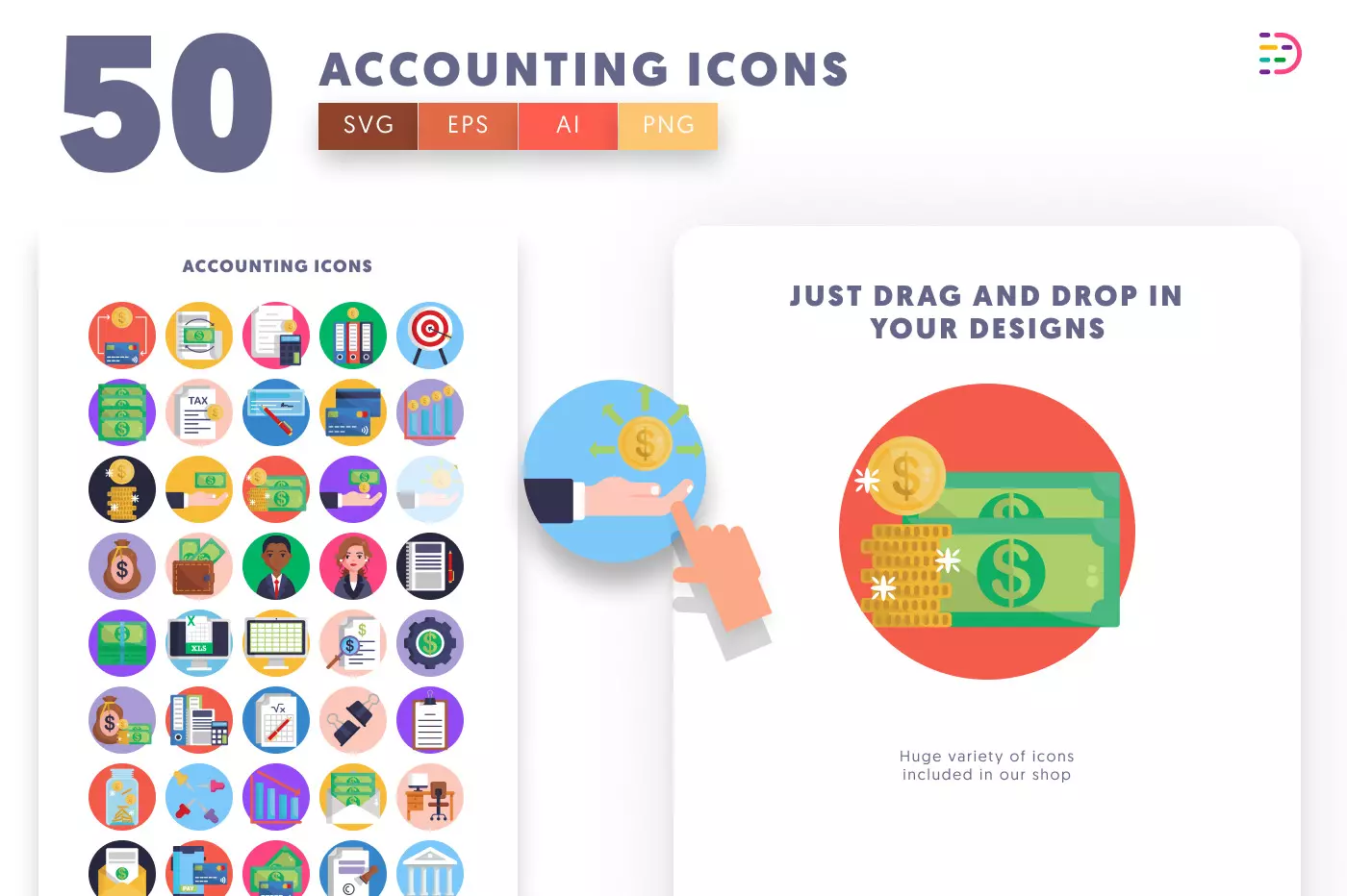 50 Accounting Icons preview 1 – flat circle icons in PNG, SVG and EPS