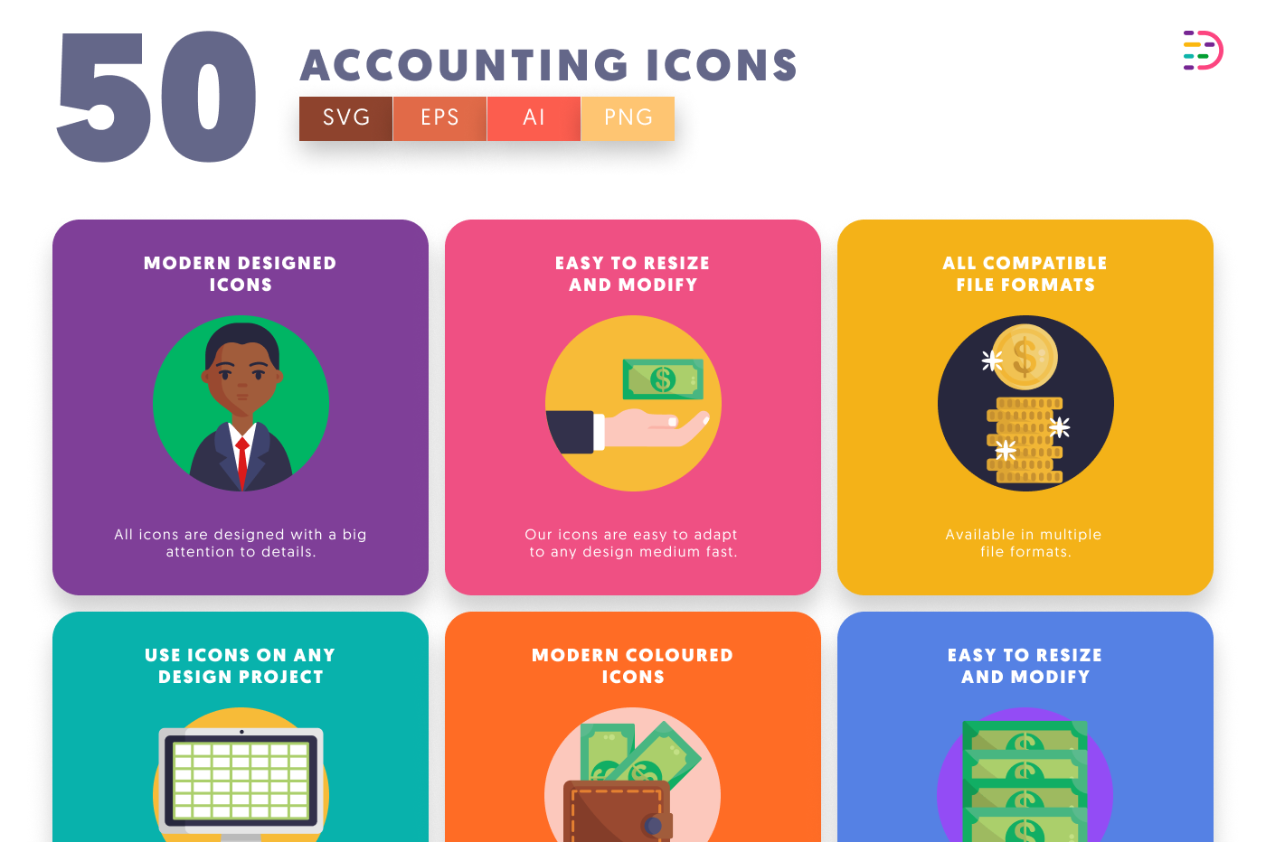 50 Accounting Icons preview 5 – flat circle icons in PNG, SVG and EPS