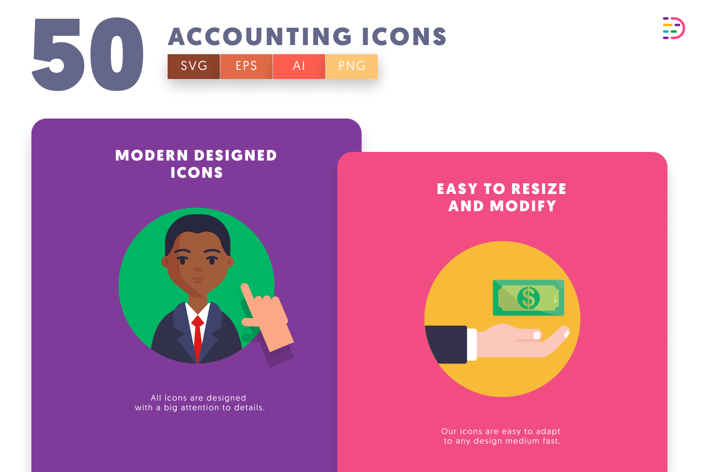 50 Accounting Icons cover – flat circle icons in PNG, SVG and EPS