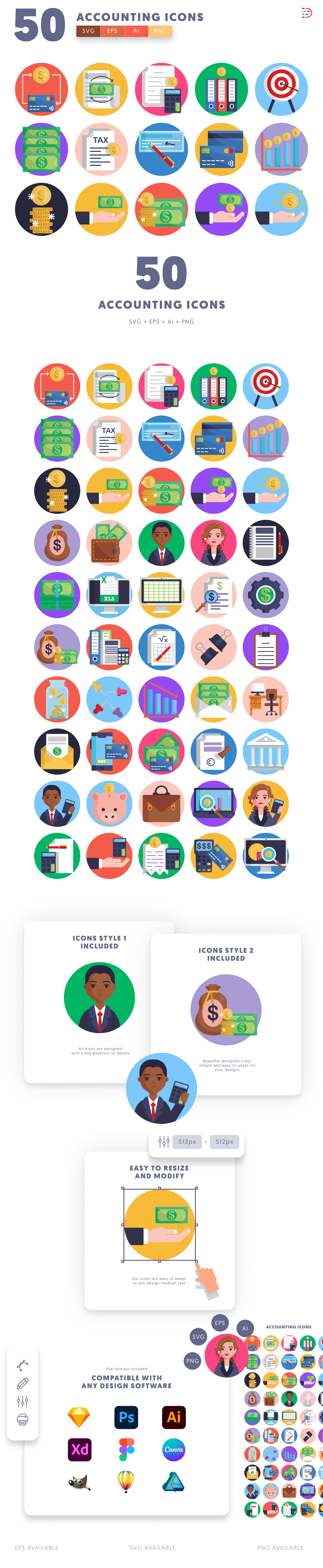 50 Accounting Icons cover – flat circle icons in PNG, SVG and EPS