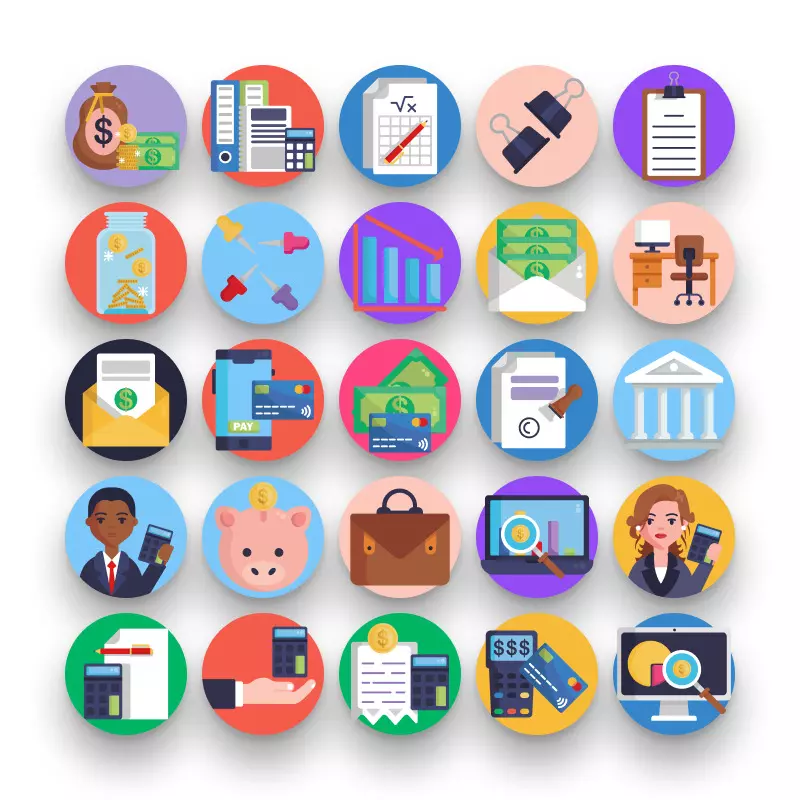 50 Accounting Icons – set of colorful flat circle icons
