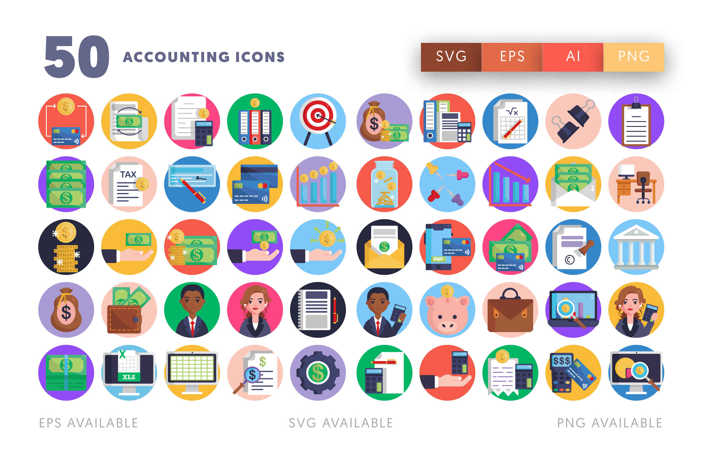 50 Accounting Icons – flat circle icon set