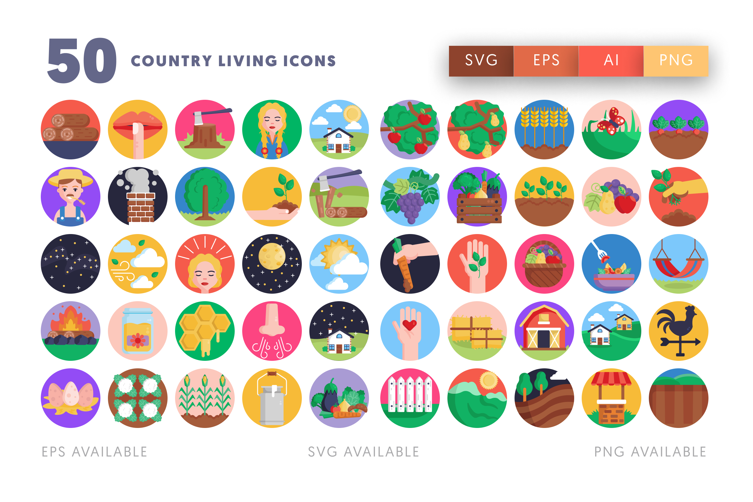 50 Country Living Icons – flat circle icon set