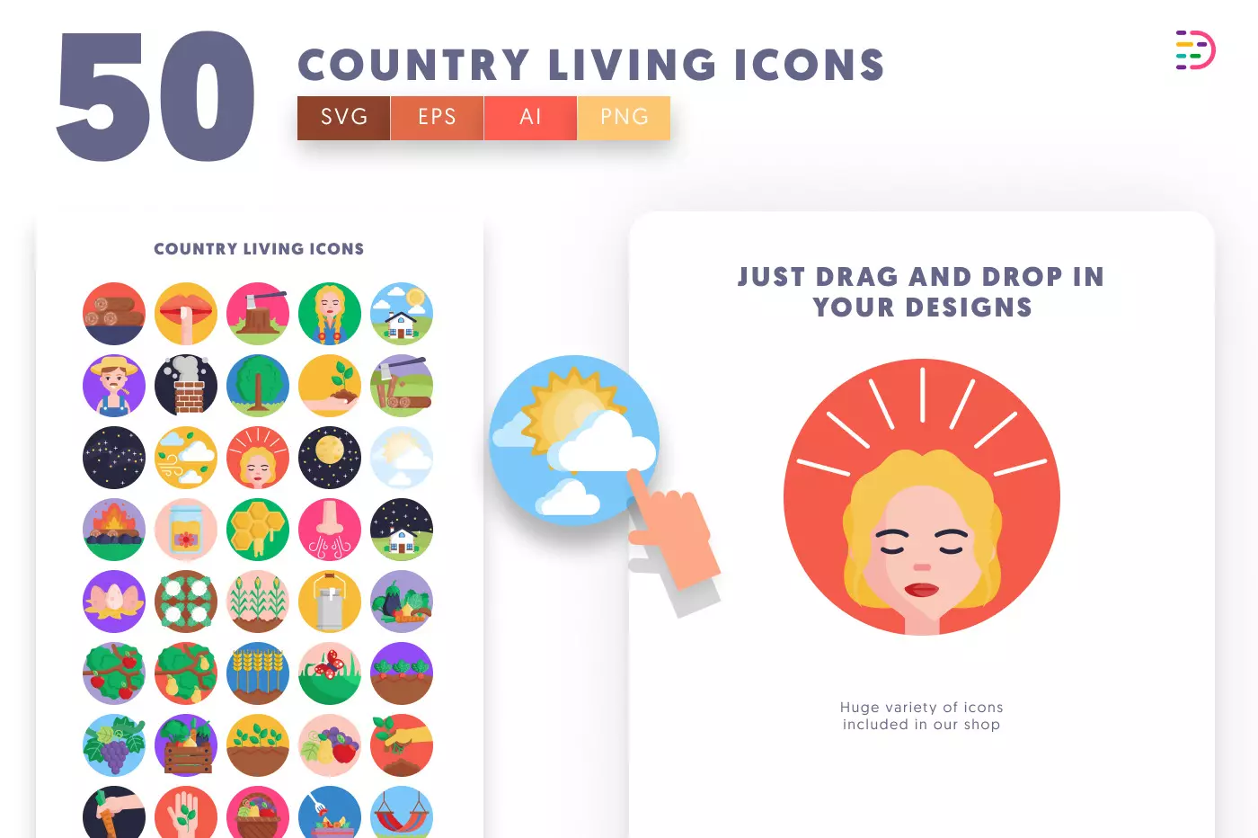 50 Country Living Icons preview 1 – flat circle icons in PNG, SVG and EPS
