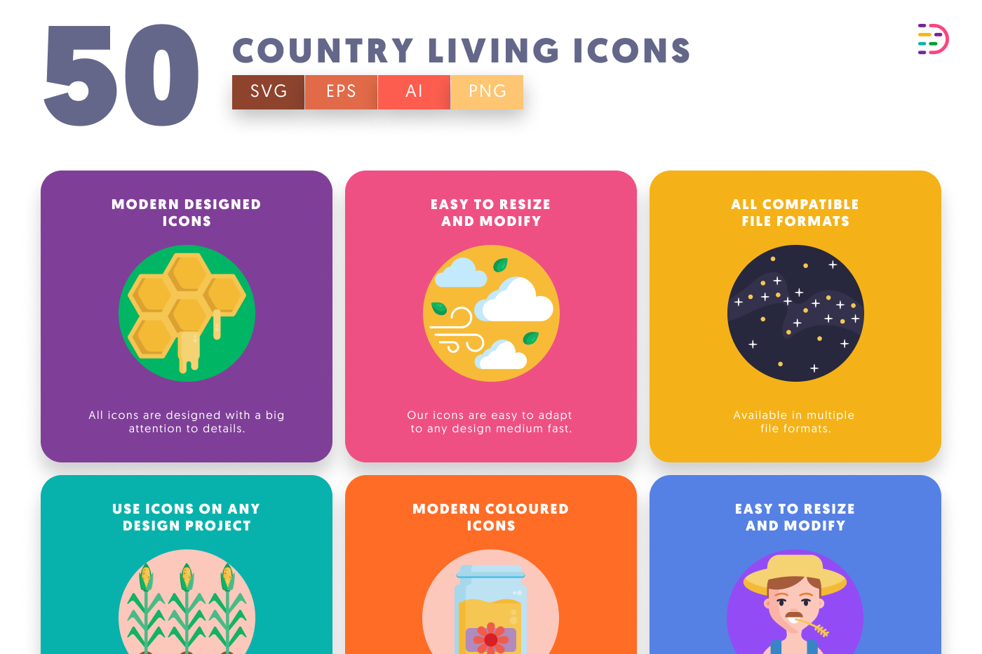 50 Country Living Icons preview 5 – flat circle icons in PNG, SVG and EPS