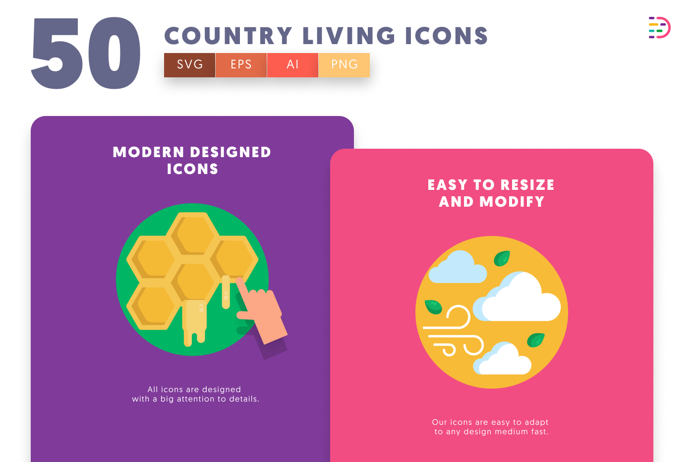 50 Country Living Icons cover – flat circle icons in PNG, SVG and EPS