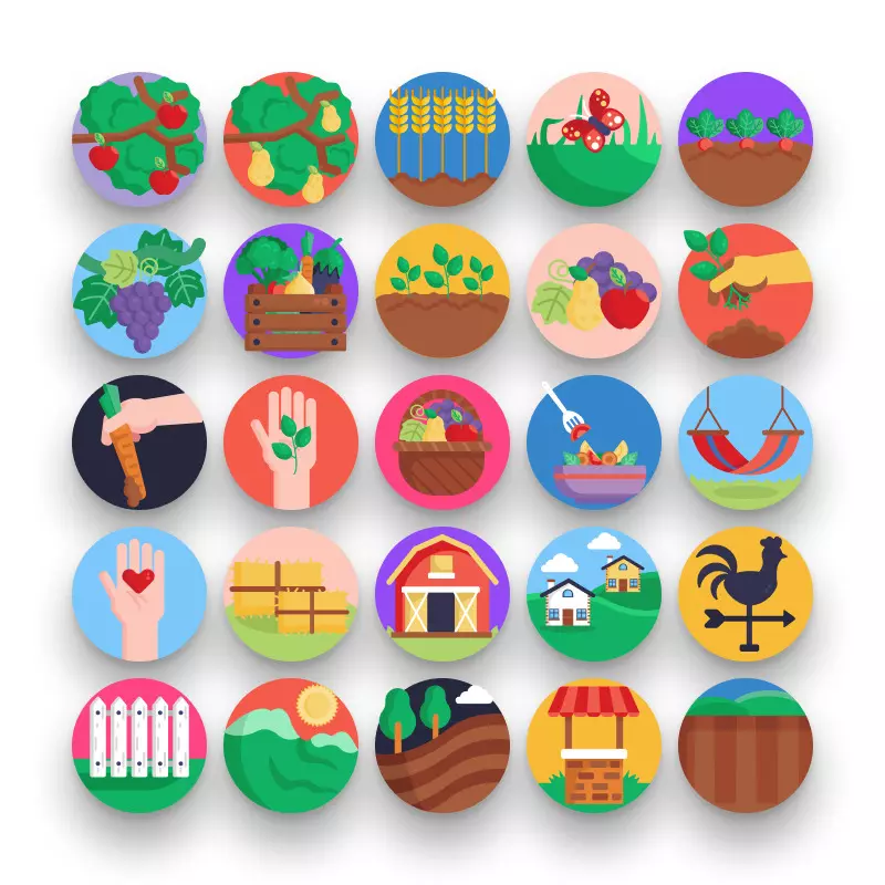 50 Country Living Icons – set of colorful flat circle icons