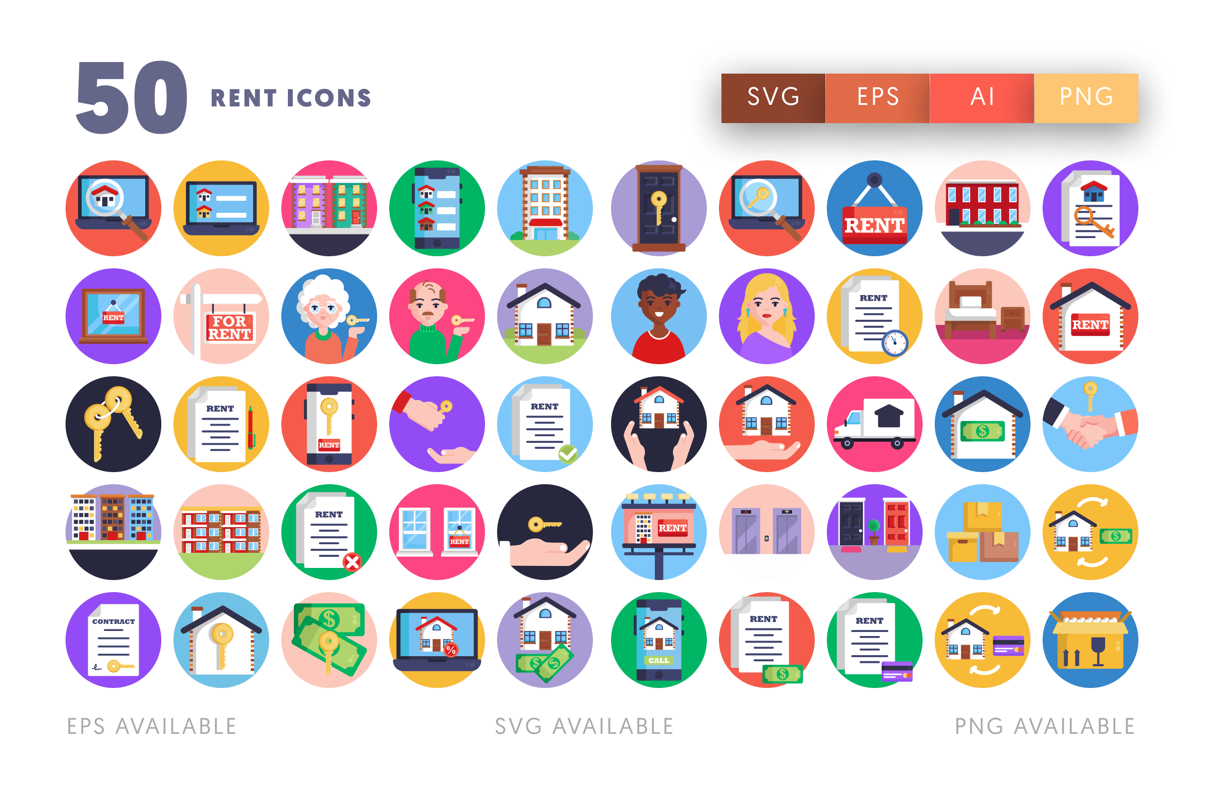 50 Rent Icons – flat circle icon set