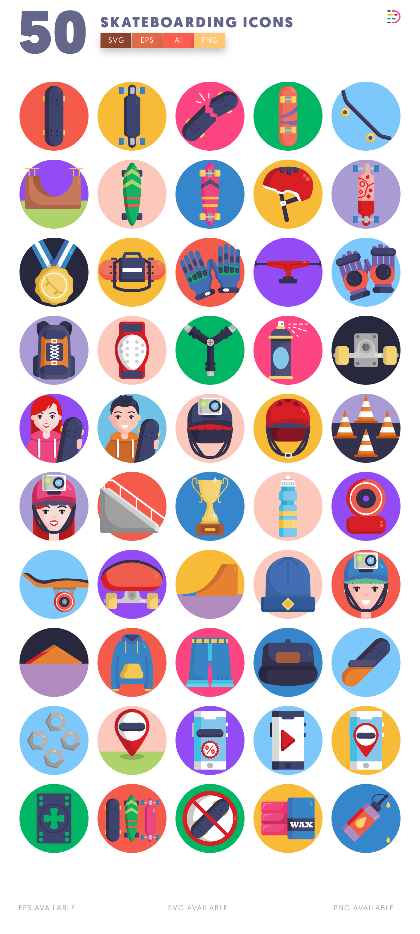 50 Skateboarding Icons – all icons in the set