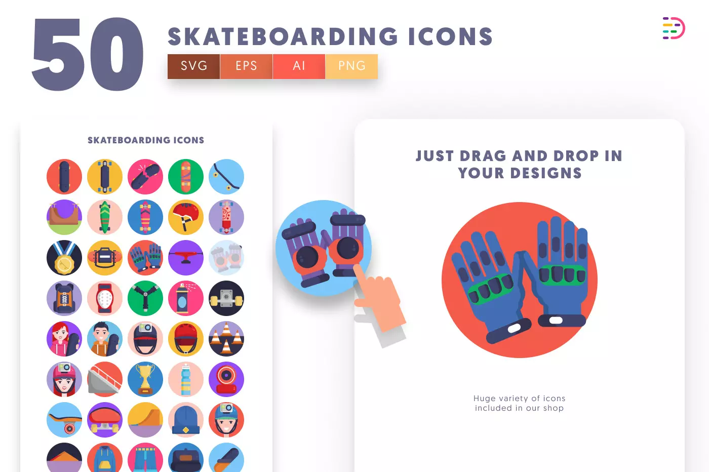 50 Skateboarding Icons preview 1 – flat circle icons in PNG, SVG and EPS