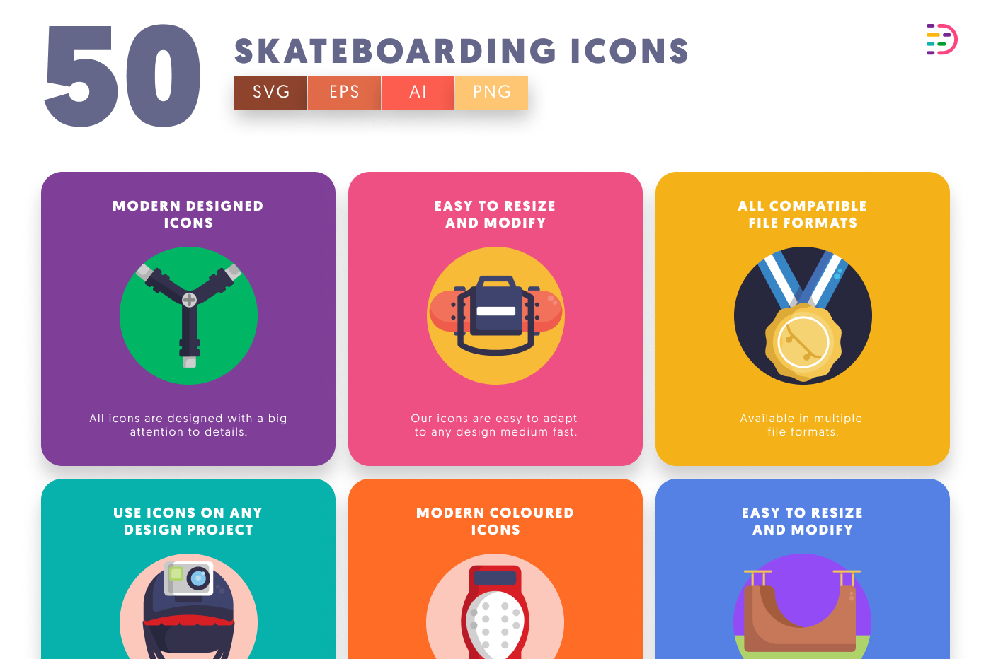 50 Skateboarding Icons preview 5 – flat circle icons in PNG, SVG and EPS