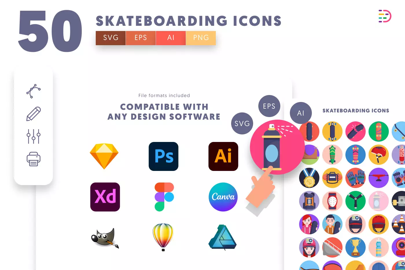 50 Skateboarding Icons preview 8 – flat circle icons in PNG, SVG and EPS