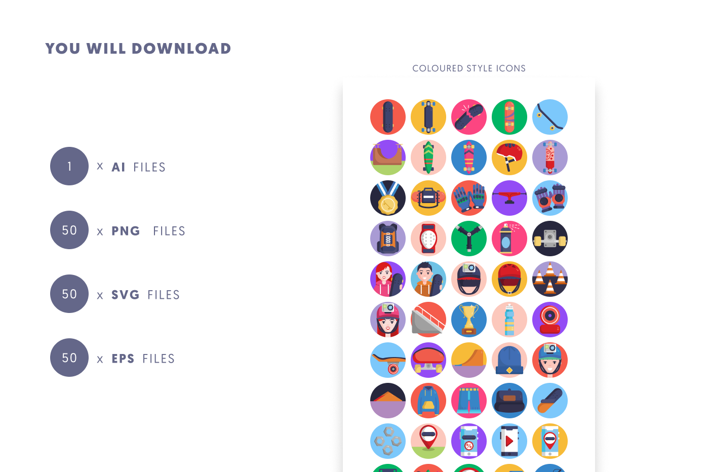 50 Skateboarding Icons preview 9 – flat circle icons in PNG, SVG and EPS