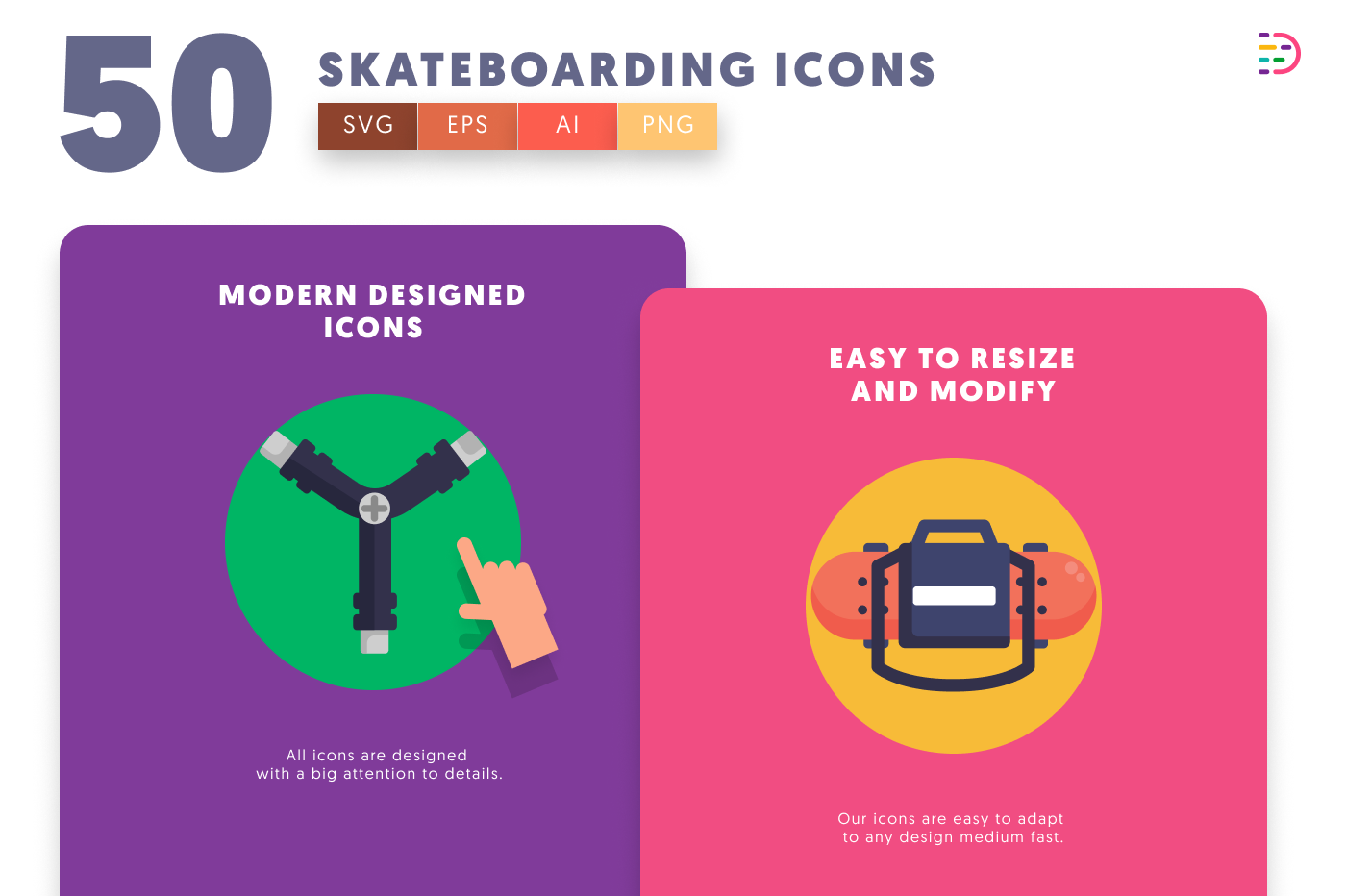 50 Skateboarding Icons cover – flat circle icons in PNG, SVG and EPS