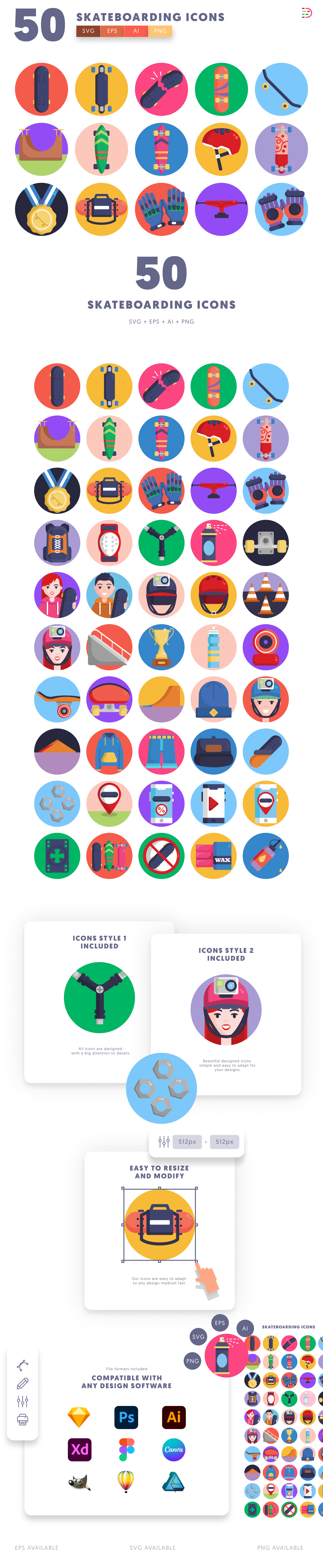 50 Skateboarding Icons cover – flat circle icons in PNG, SVG and EPS