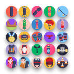 50 Skateboarding Icons – set of colorful flat circle icons