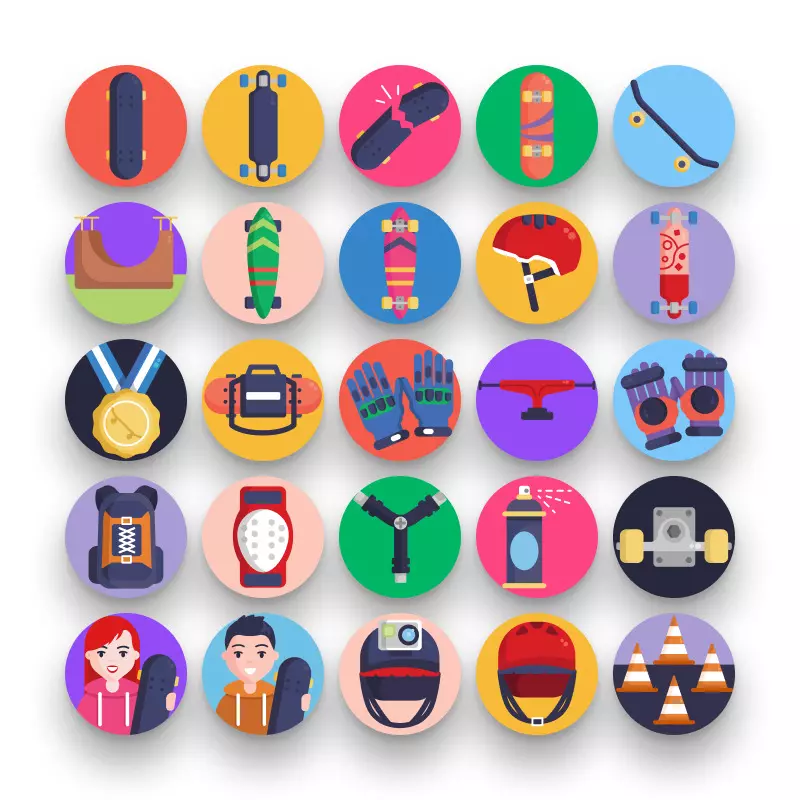 50 Skateboarding Icons – set of colorful flat circle icons