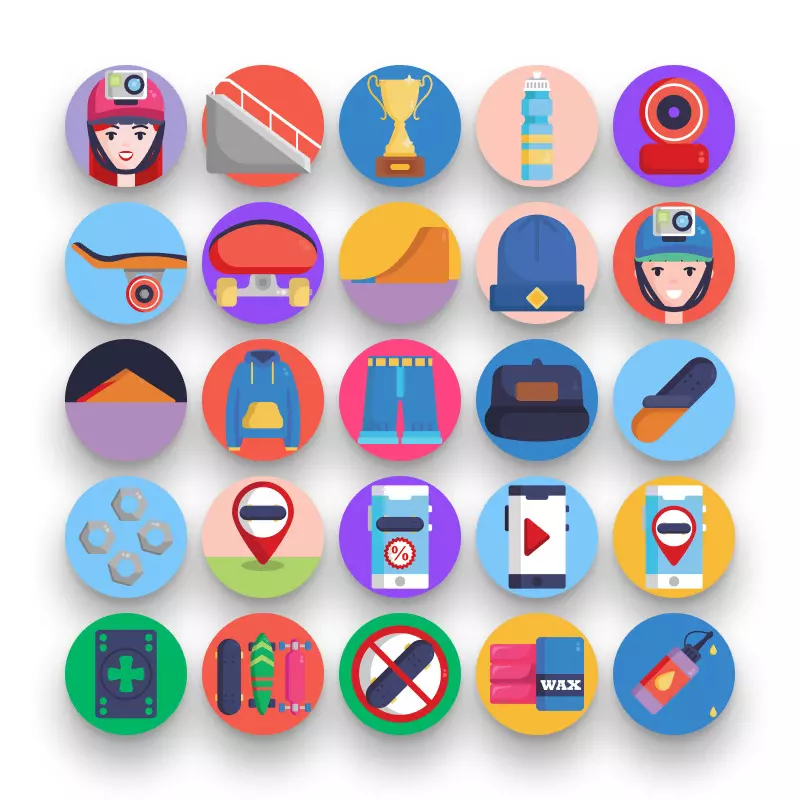 50 Skateboarding Icons – set of colorful flat circle icons