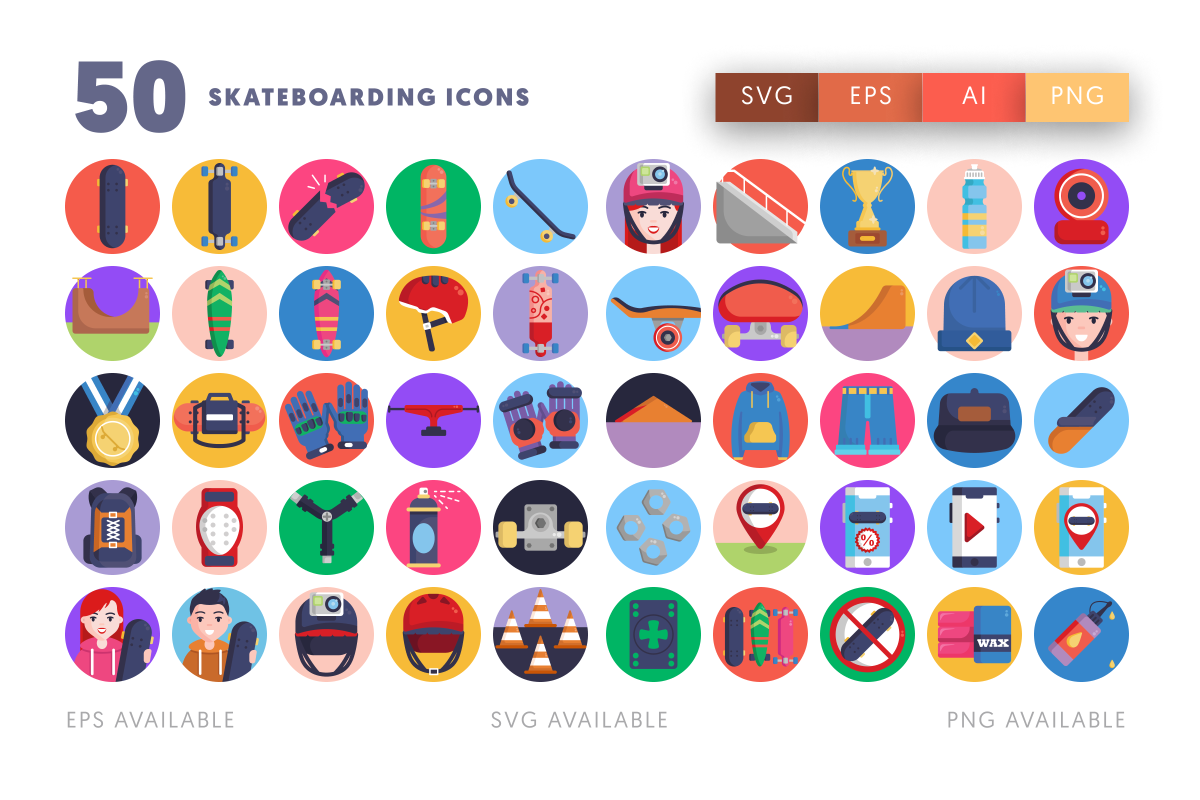 50 Skateboarding Icons – flat circle icon set