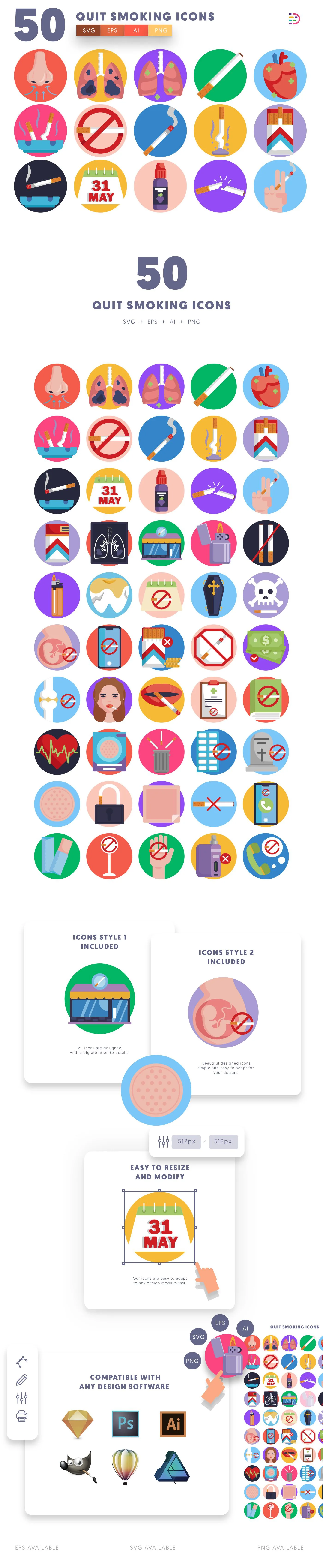 50 Quit Smoking Icons preview 3 – flat circle icons in PNG, SVG and EPS