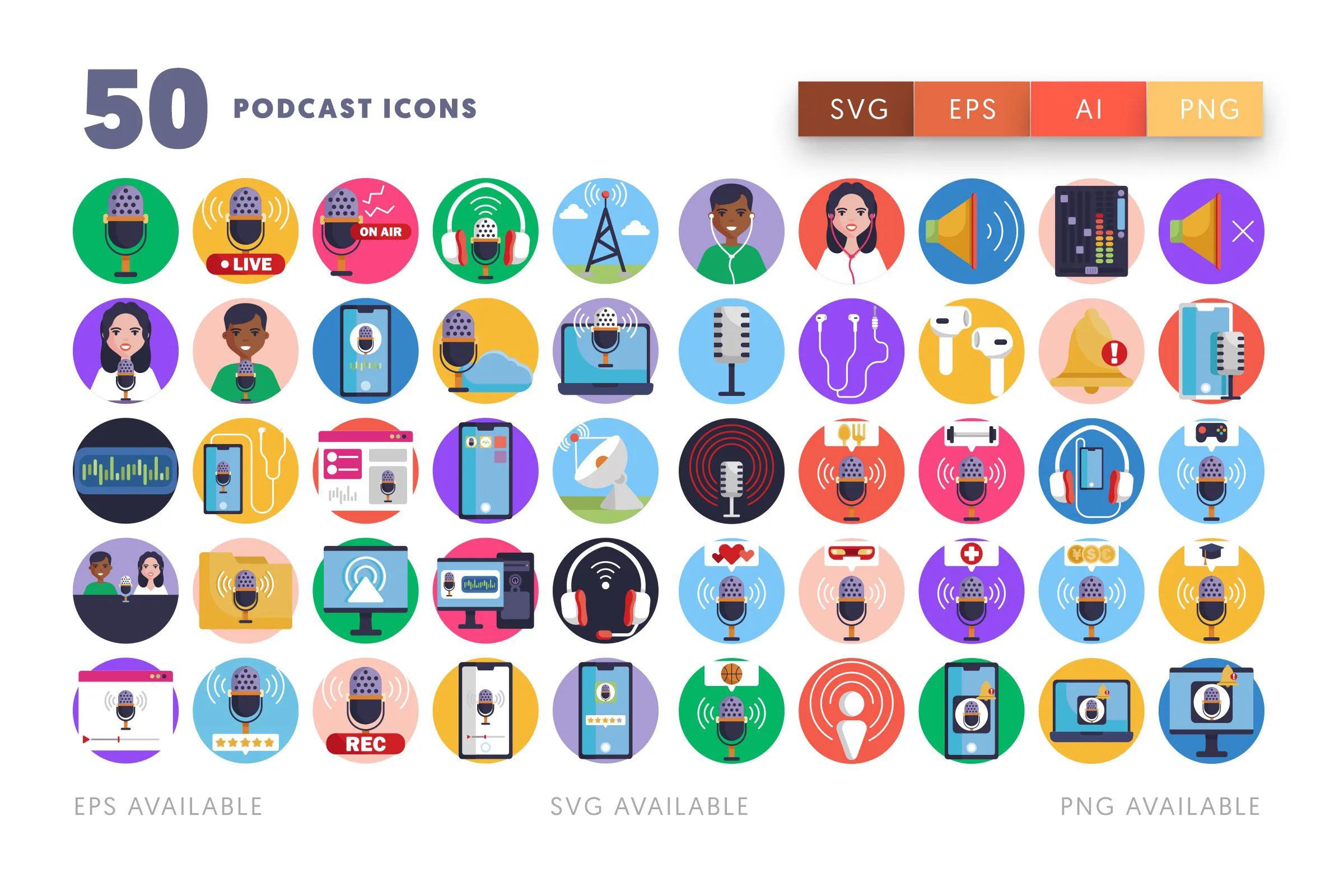 50 Podcast Icons cover – flat circle icons in PNG, SVG and EPS