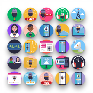 50 Podcast Icons – set of colorful flat circle icons
