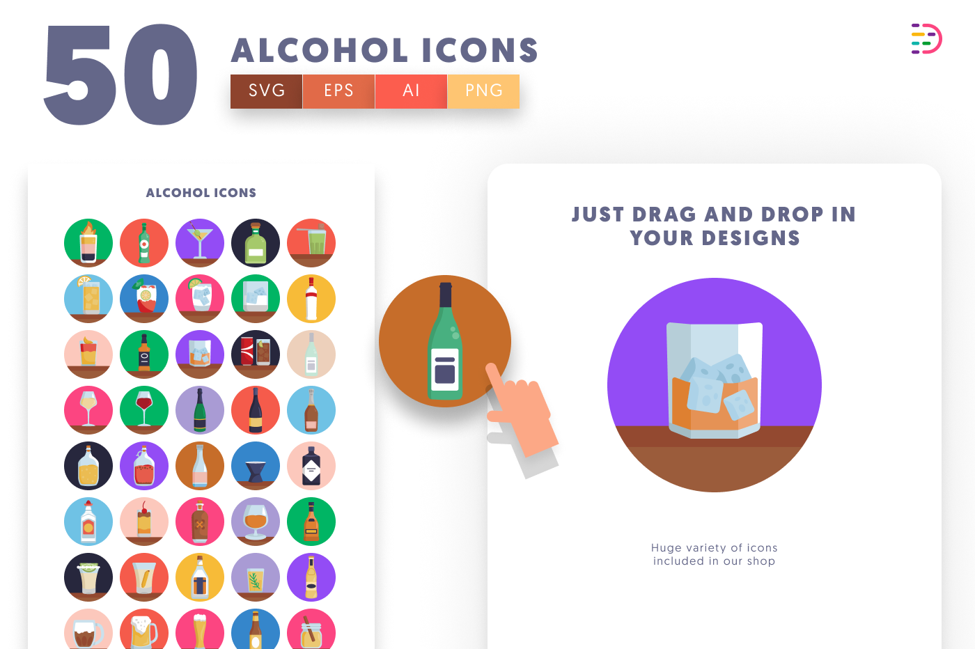 50 Alcohol Icons preview 1 – flat circle icons in PNG, SVG and EPS