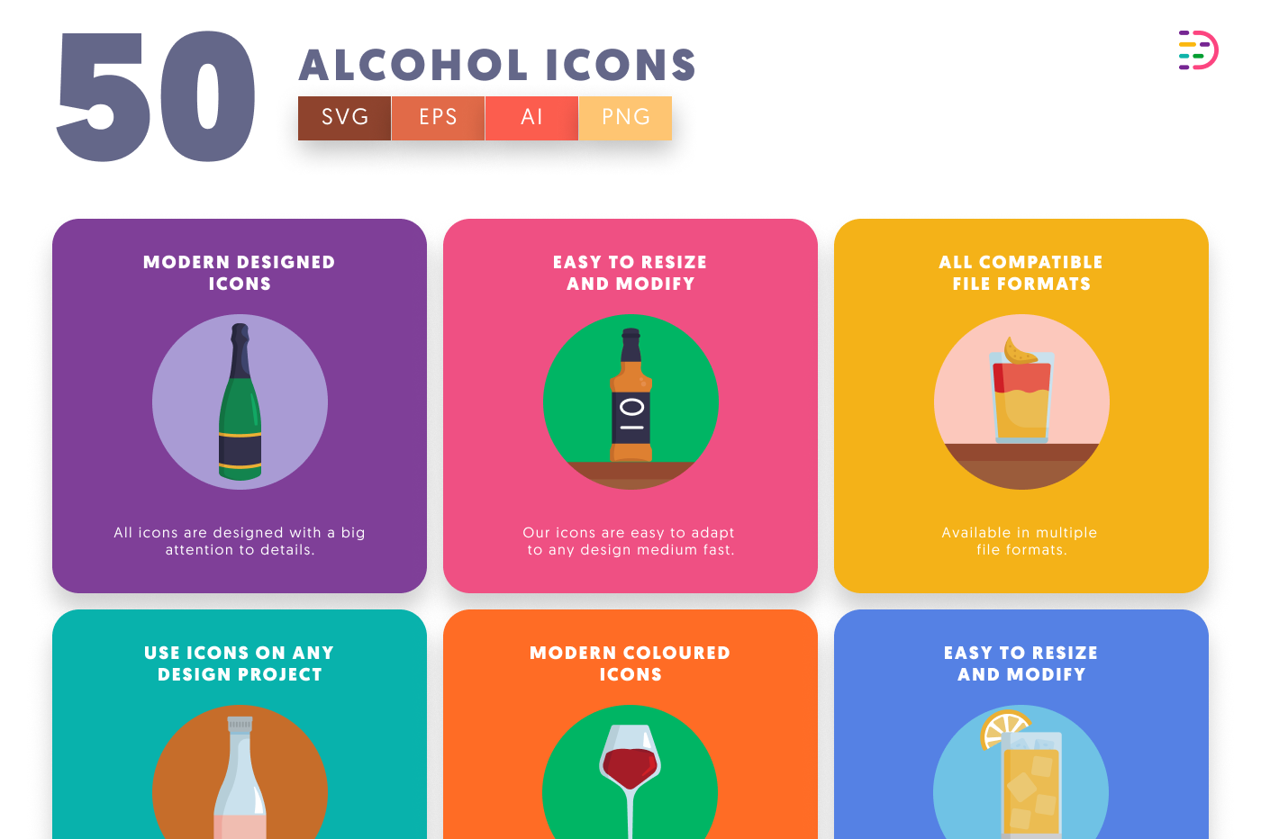50 Alcohol Icons preview 5 – flat circle icons in PNG, SVG and EPS
