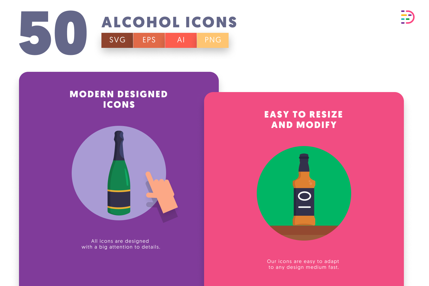 50 Alcohol Icons cover – flat circle icons in PNG, SVG and EPS