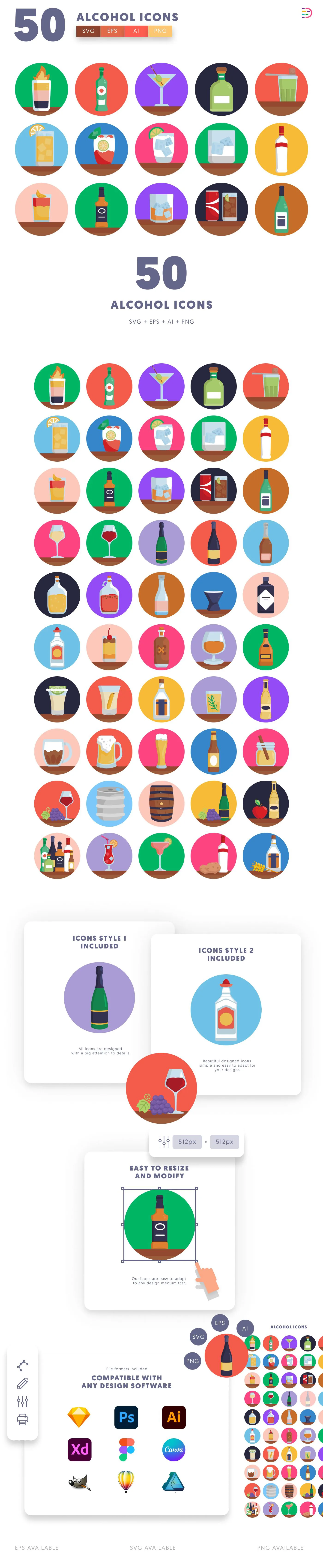 50 Alcohol Icons cover – flat circle icons in PNG, SVG and EPS