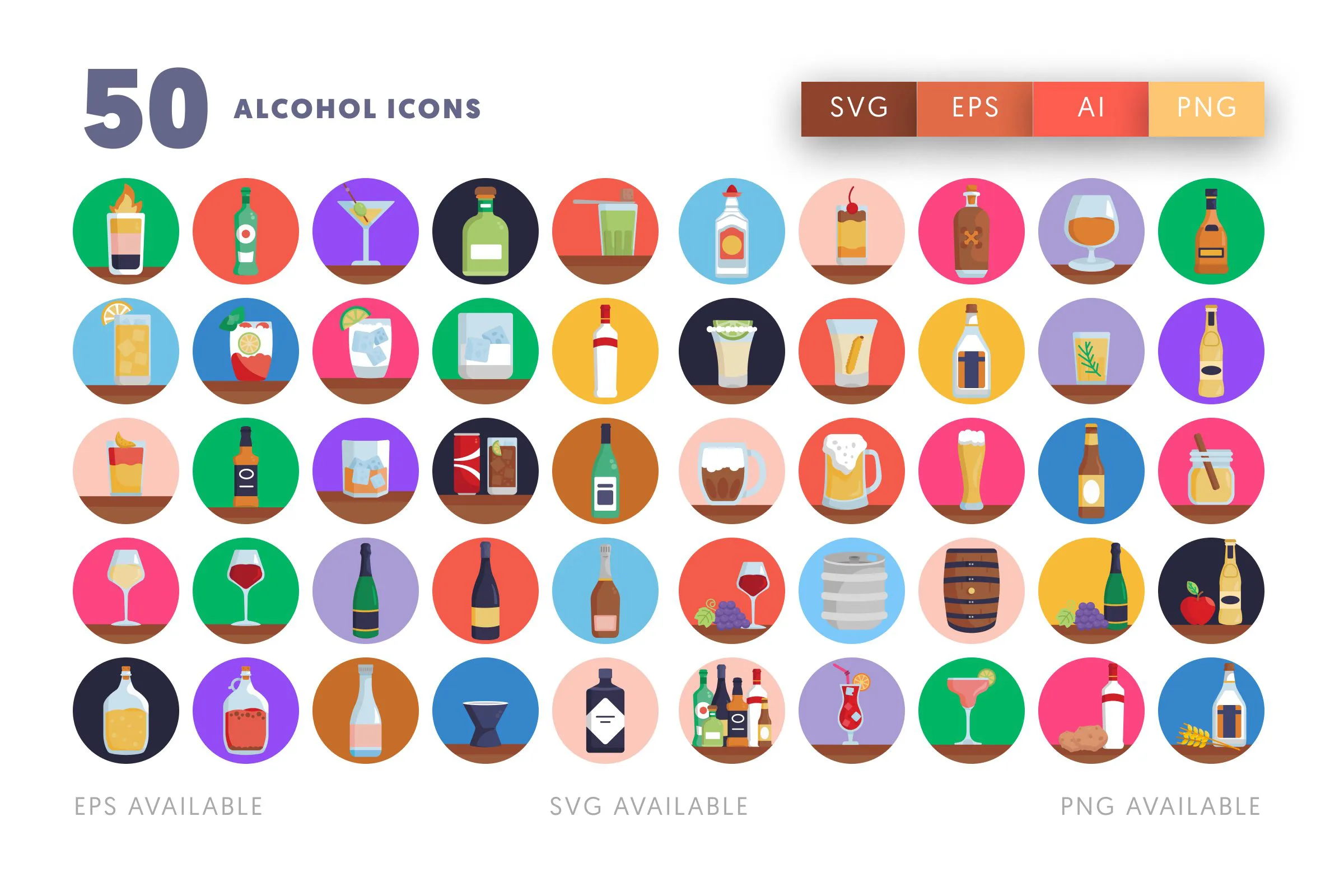 50 Alcohol Icons – flat circle icon set