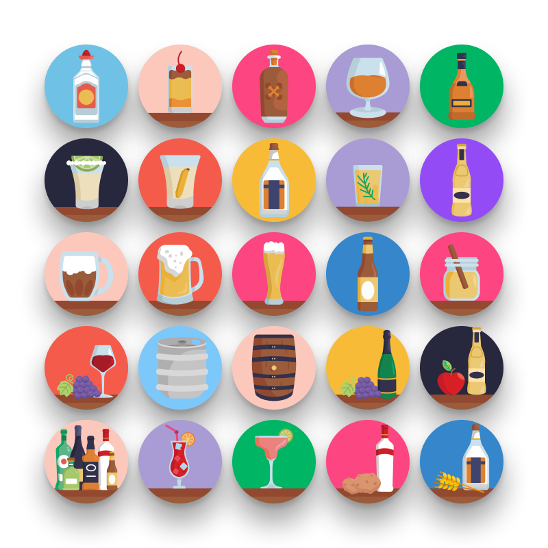 50 Alcohol Icons – set of colorful flat circle icons