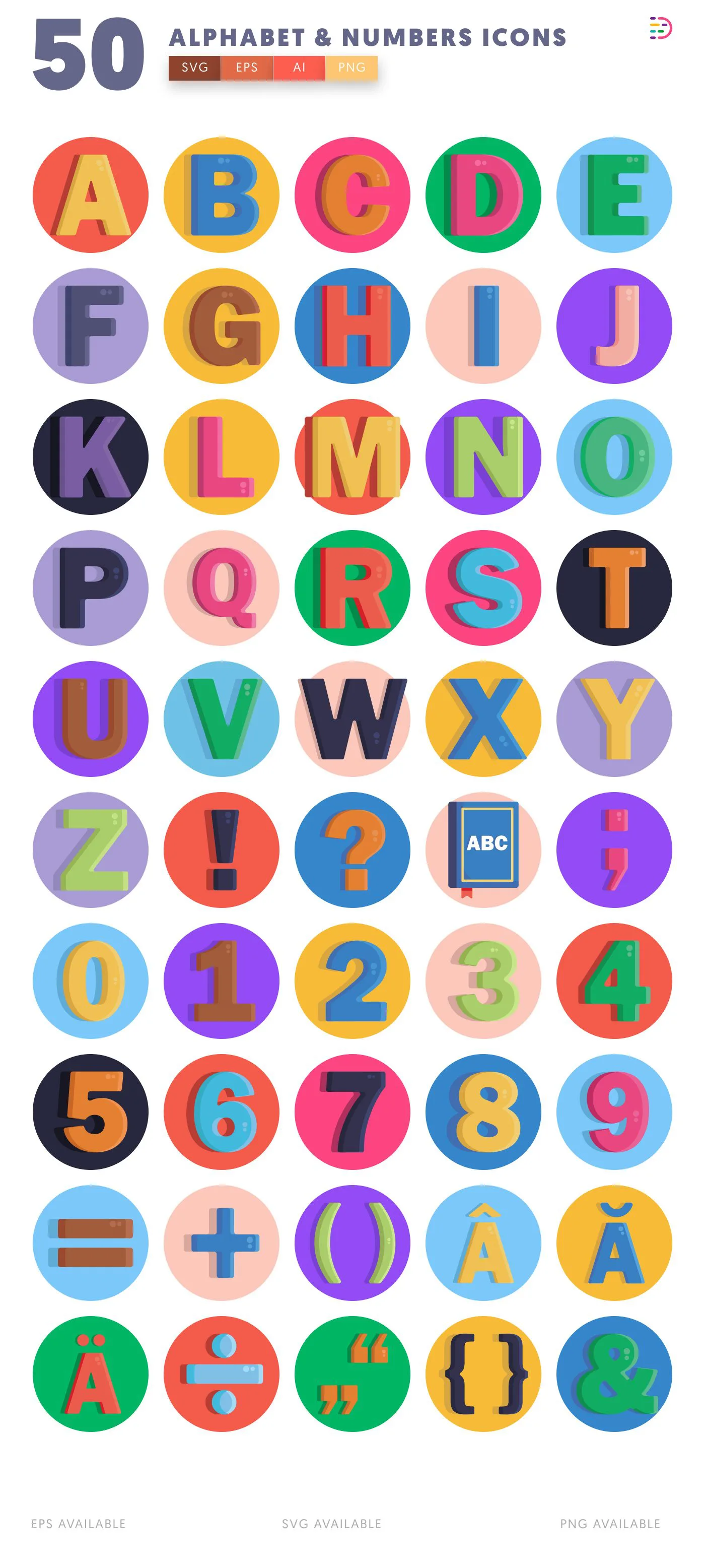 50 Alphabet and Numbers Icons – all icons in the set