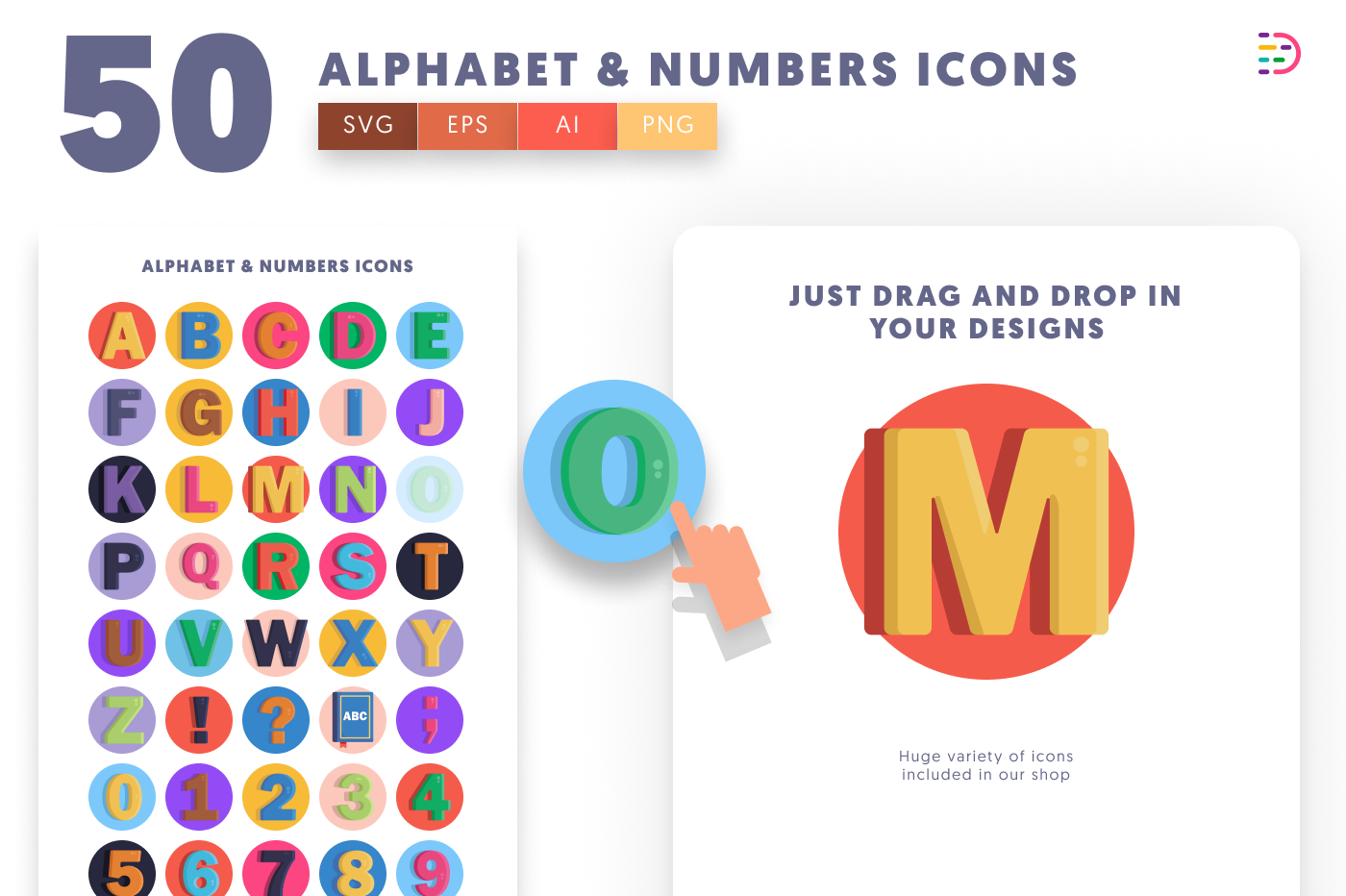 50 Alphabet and Numbers Icons preview 1 – flat circle icons in PNG, SVG and EPS