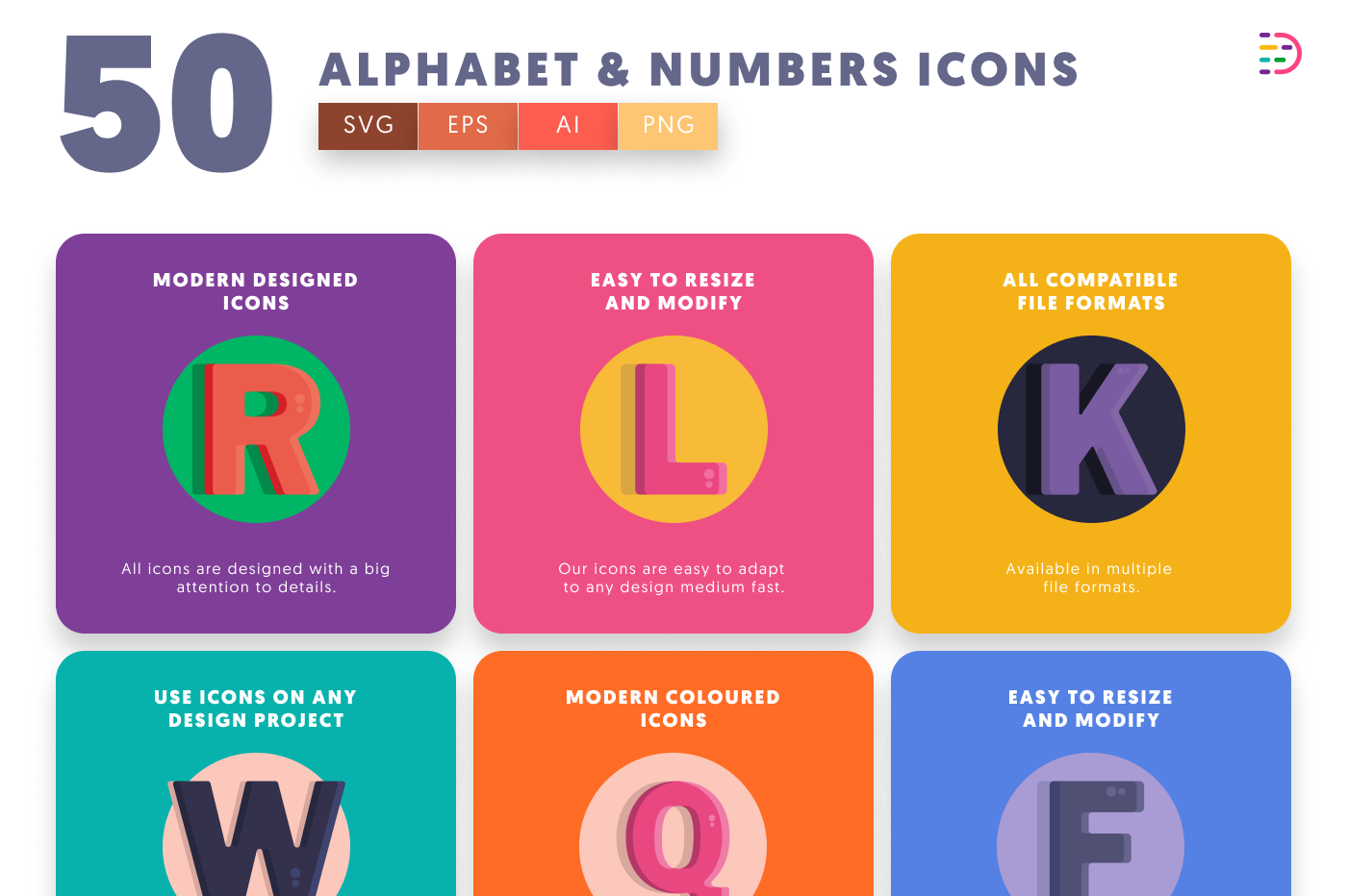 50 Alphabet and Numbers Icons preview 5 – flat circle icons in PNG, SVG and EPS