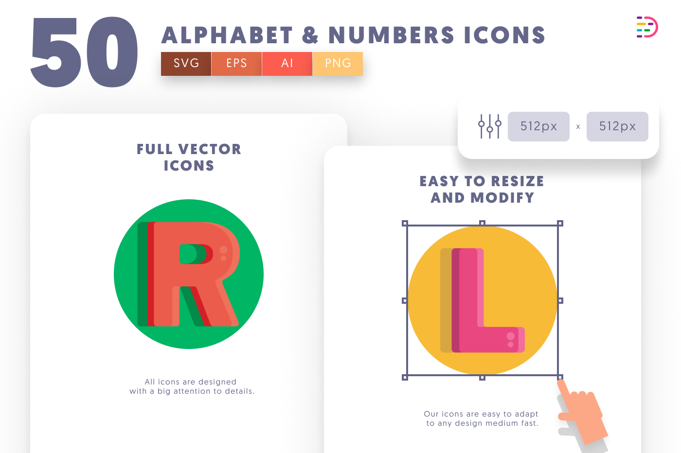 50 Alphabet and Numbers Icons preview 6 – flat circle icons in PNG, SVG and EPS