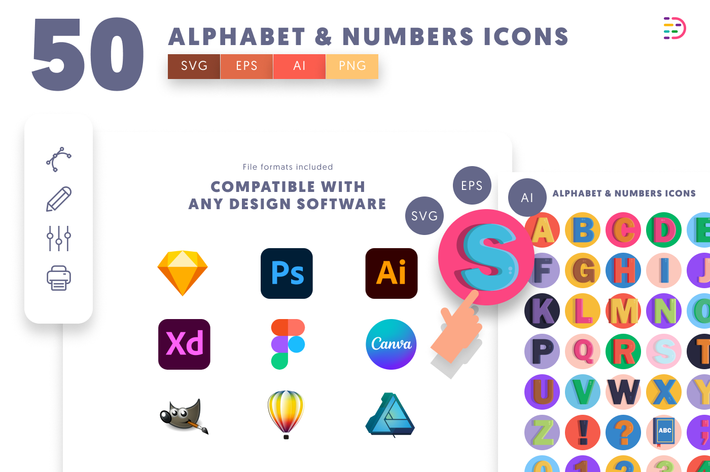 50 Alphabet and Numbers Icons preview 8 – flat circle icons in PNG, SVG and EPS