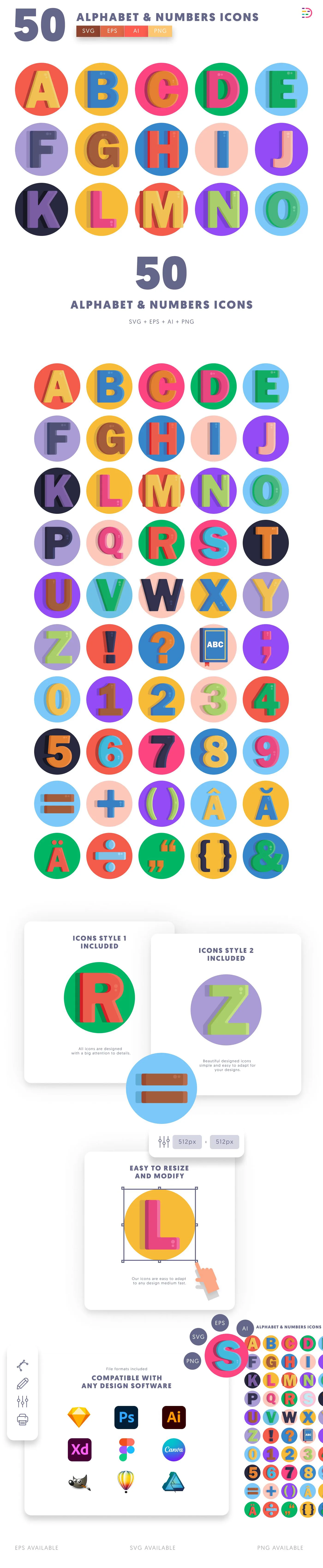 50 Alphabet and Numbers Icons cover – flat circle icons in PNG, SVG and EPS