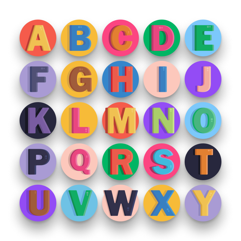 50 Alphabet and Numbers Icons – set of colorful flat circle icons