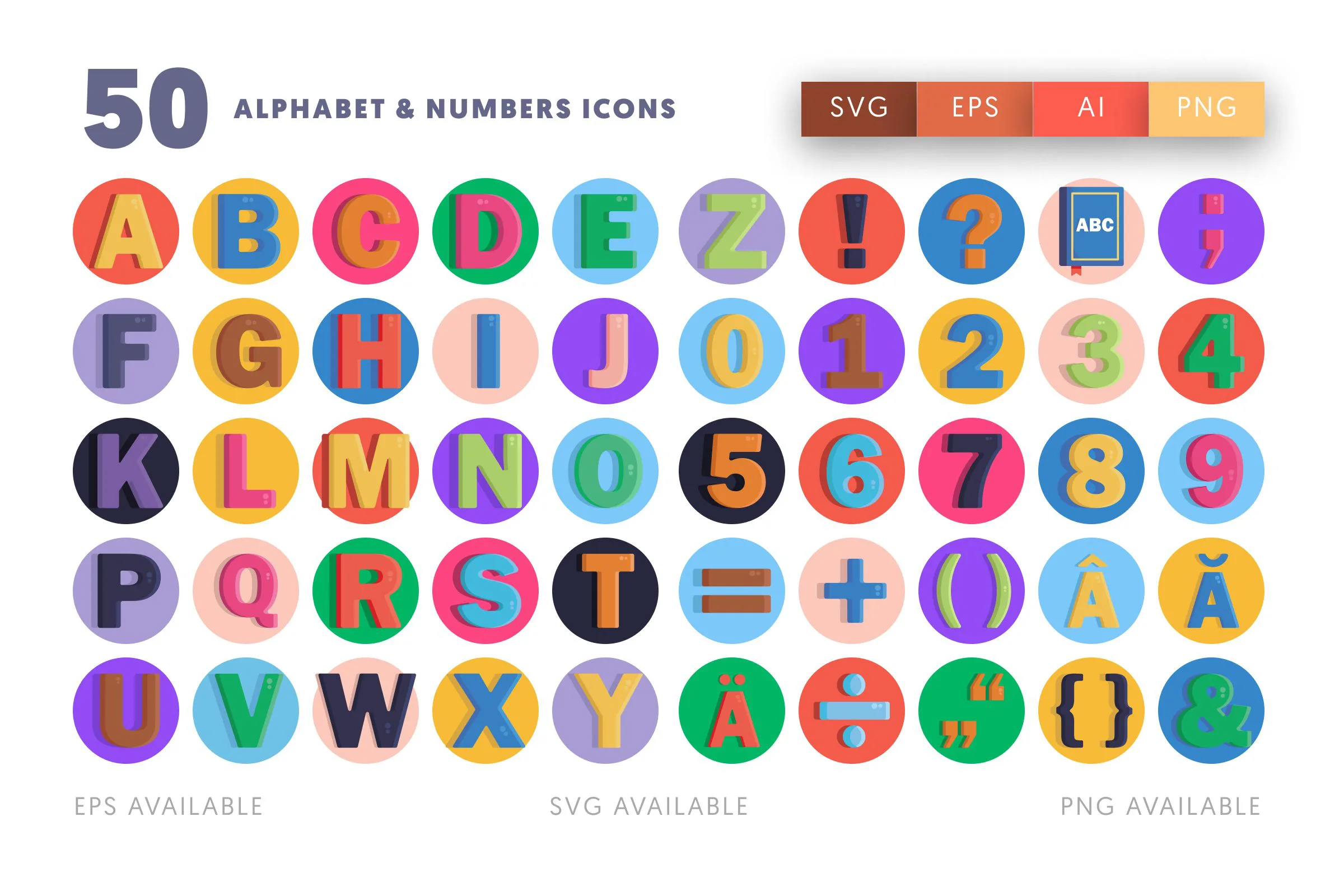50 Alphabet and Numbers Icons – flat circle icon set