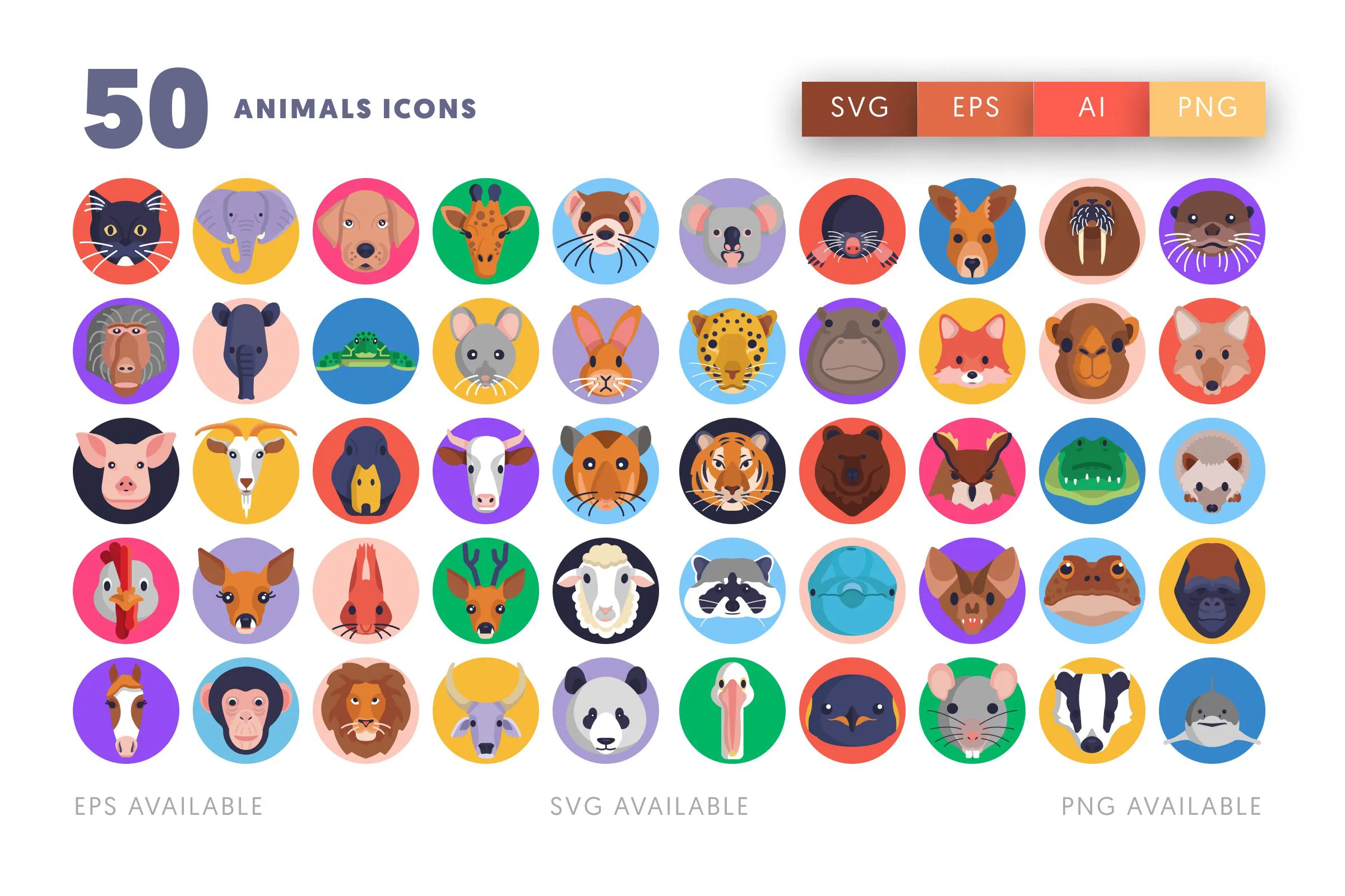 50 Animals Icons – flat circle icon set