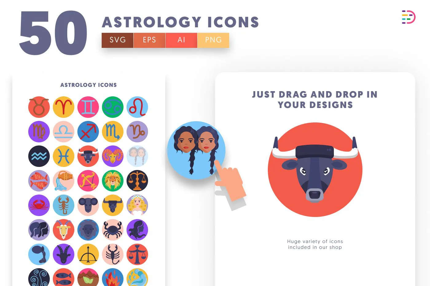 50 Astrology Icons preview 1 – flat circle icons in PNG, SVG and EPS