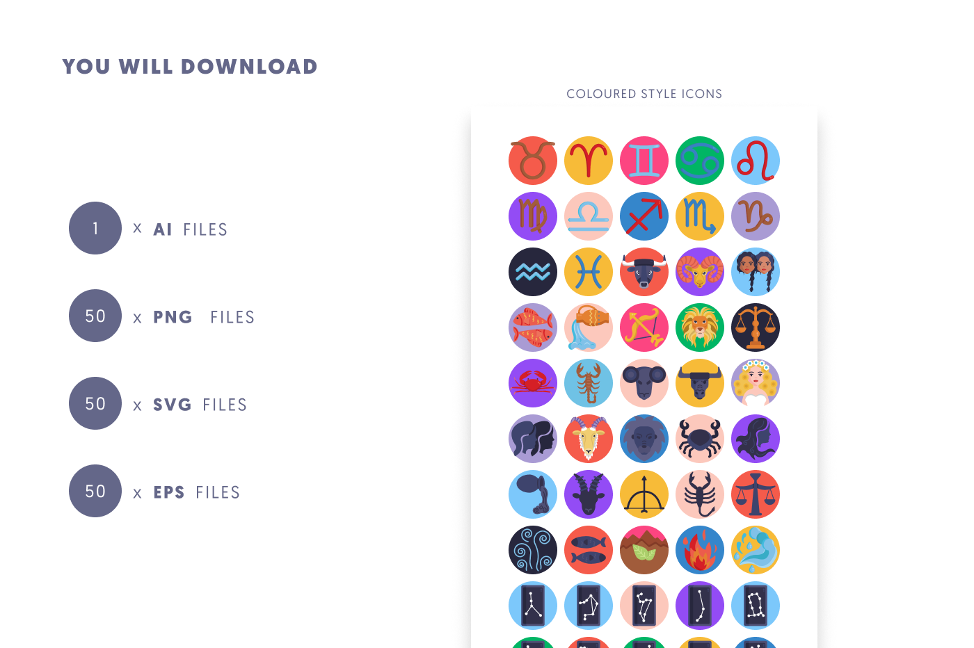 50 Astrology Icons preview 9 – flat circle icons in PNG, SVG and EPS