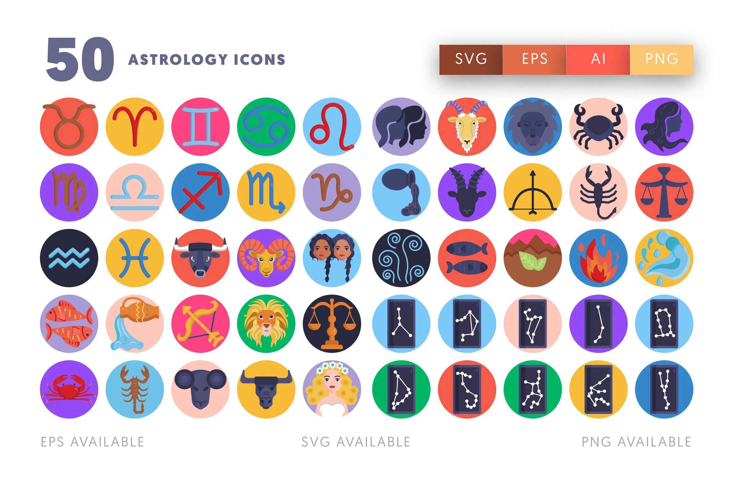 50 Astrology Icons – flat circle icon set