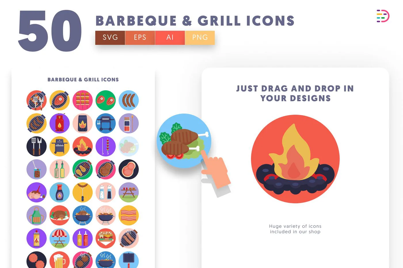 50 Barbeque and Grill Icons preview 1 – flat circle icons in PNG, SVG and EPS